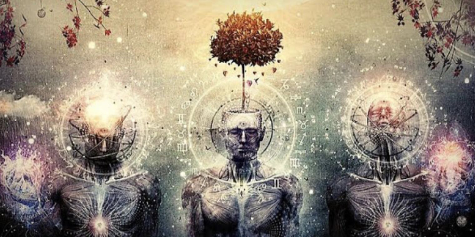 Three humanoid figures with glowing heads and mystical symbols, one with a tree growing from the head.