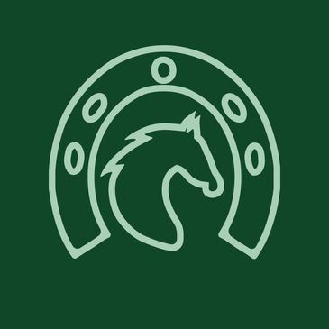 Horse head silhouette inside a stylized horseshoe on dark green background.