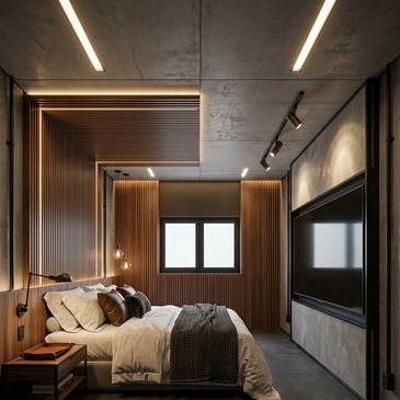 Quarto moderno com iluminação indireta e painéis de madeira.