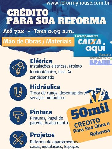 Oferta de crédito para reforma com juros baixos e parcelamento em até 72 vezes.