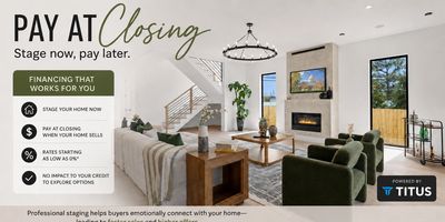 Modern living room advertising pay-at-closing home staging financing.