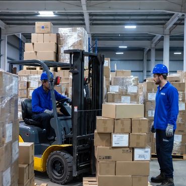 Workers handling boxes in a warehouse with a forklift.