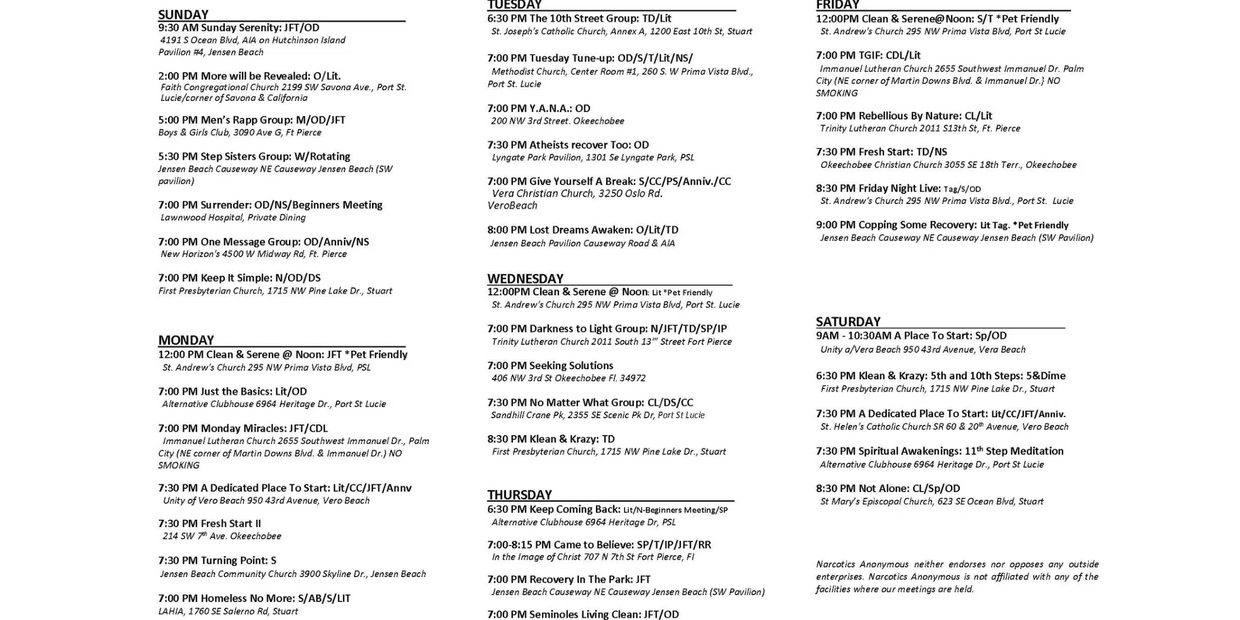 NA MEETING SCHEDULE