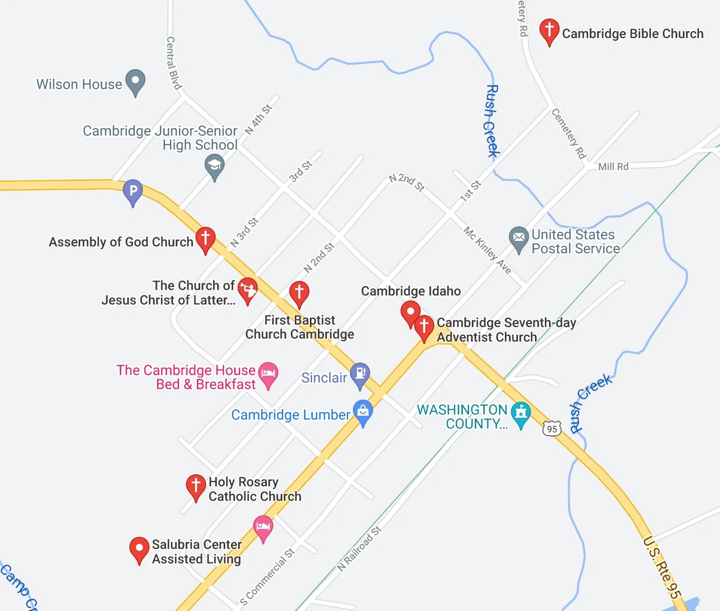 map of Cambridge Idaho with churches, churches near Cambridge Idaho