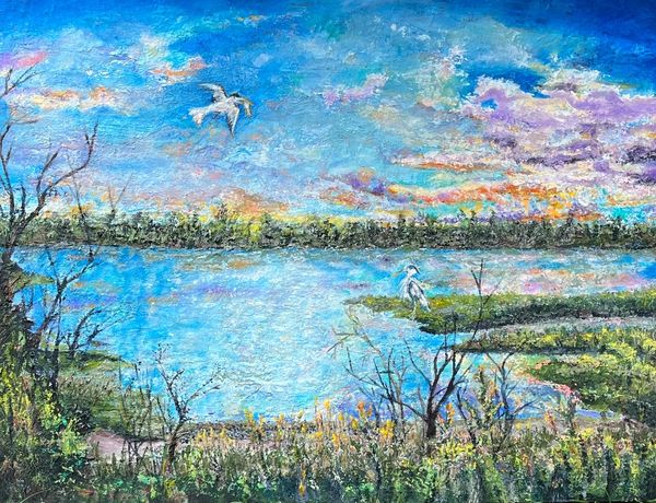 Canvas painting of a white dove flying over a blue bay
