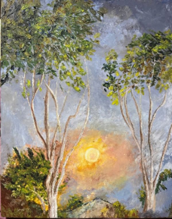 painting of sun shining through tall green trees