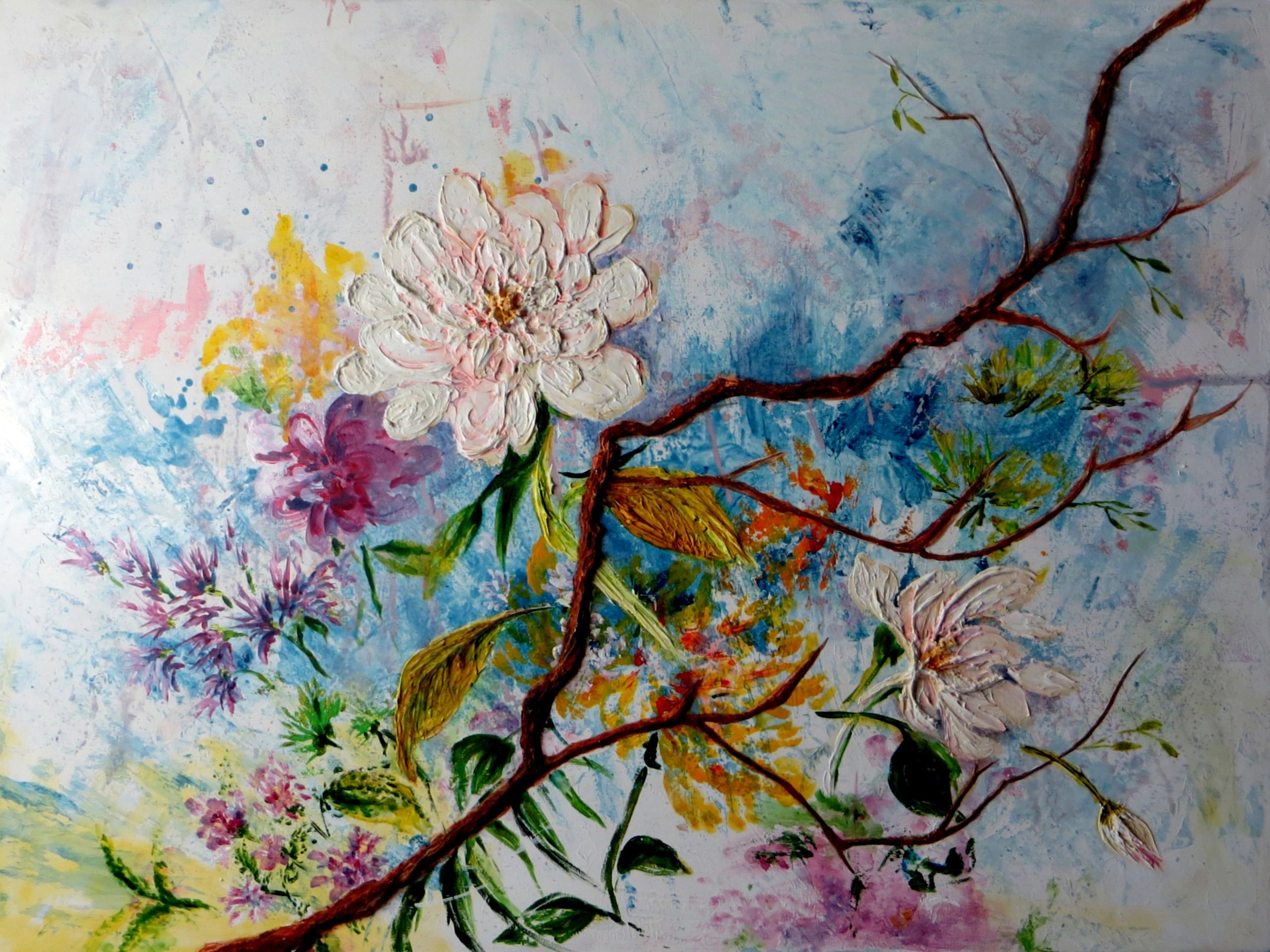 colorful textured painting of flowers on a brown branch