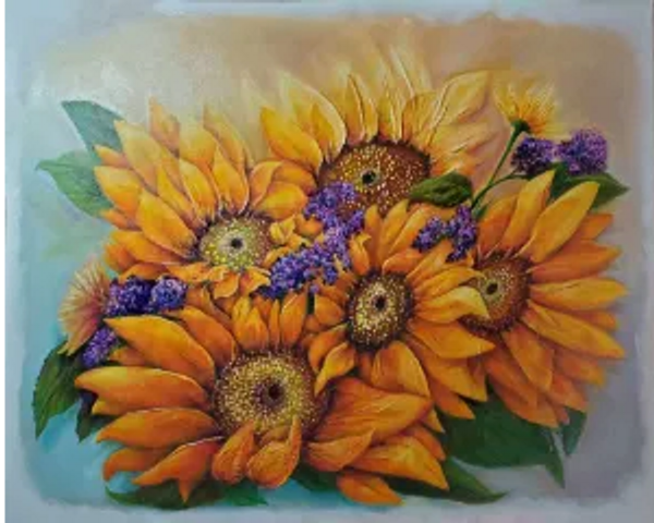 a painting of a colorful bouquet of sunflowers