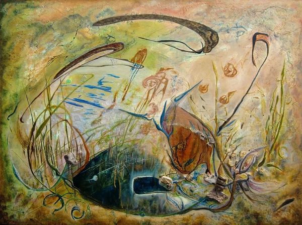 abstract painting of lines and color in earthy tones