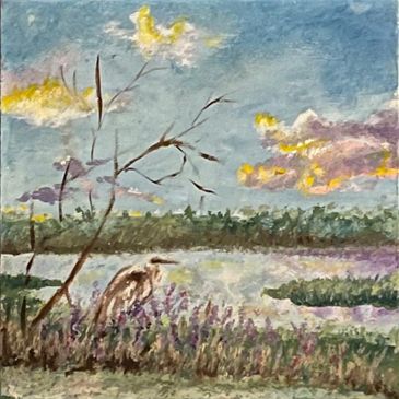 painting of a heron bird perched next to a lake with colorful clouds and serene scenery