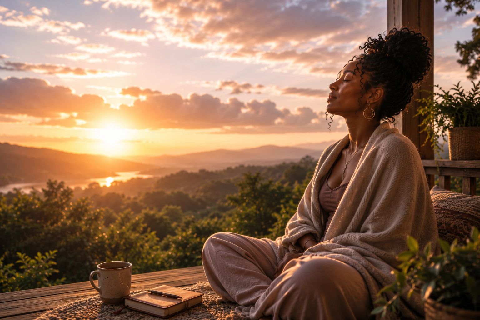 Woman meditating during sunrise on a porch.