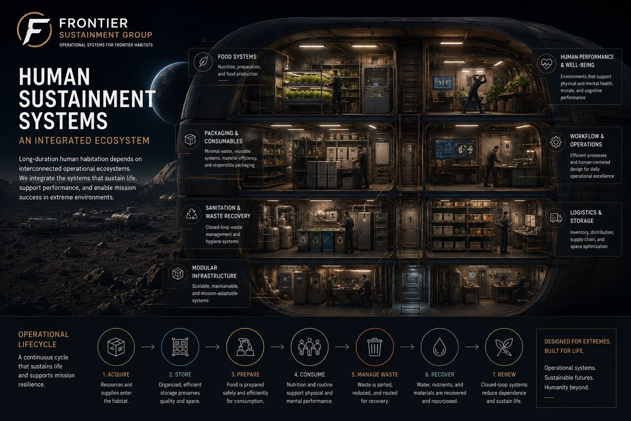 Diagram of Frontier Sustainment Group's human sustainment systems for extreme habitats.