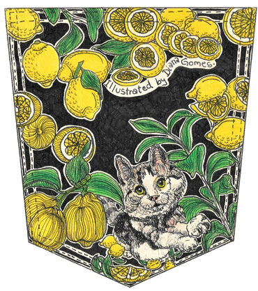 A cat among lemons within the shape of a pocket