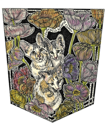 3 kittens in a field of flowers, all drawn within the shape of  a pocket.