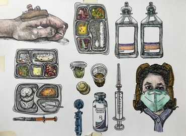 A composition of hospital food, injection, saline, medication, tea and a patient