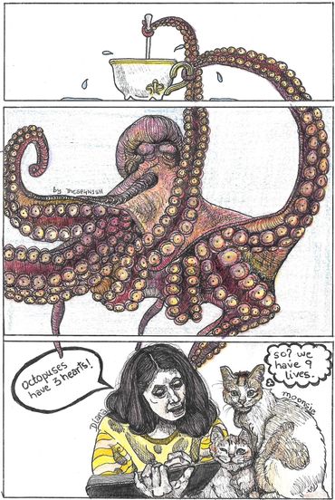 A girl reading to her cats while an octopus stirs the tea in a teacup
