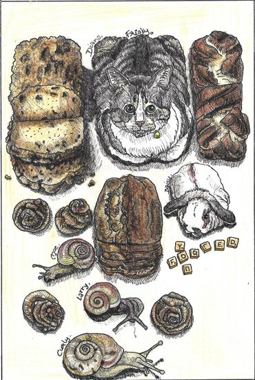 A composition made up of cat, rabbit, snails and a variety of bread (because cats sit like loaves)