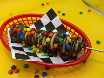 Rainbow M&M's - Mini Pancakes, Strawberry, Nutella, M&M's on top