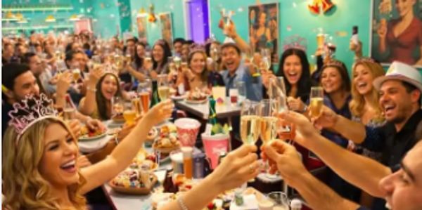 A lively group toasting with drinks at a festive dinner party celebrating New Years Eve at Divas Crepe on a Stick.