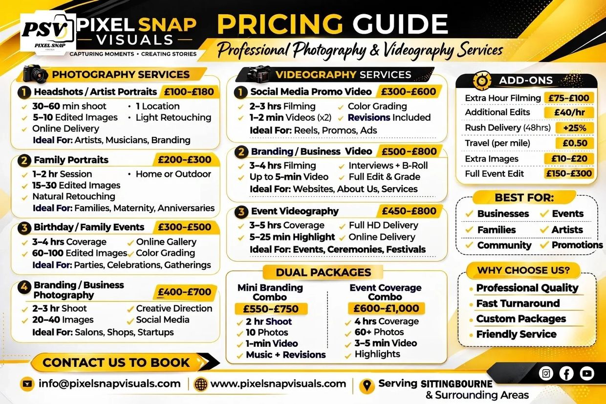 Pixel Snap Visuals pricing guide for professional photography and videography services.