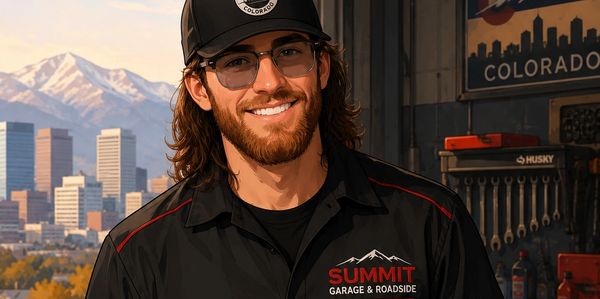Smiling mechanic standing in a garage with a city and mountain background.