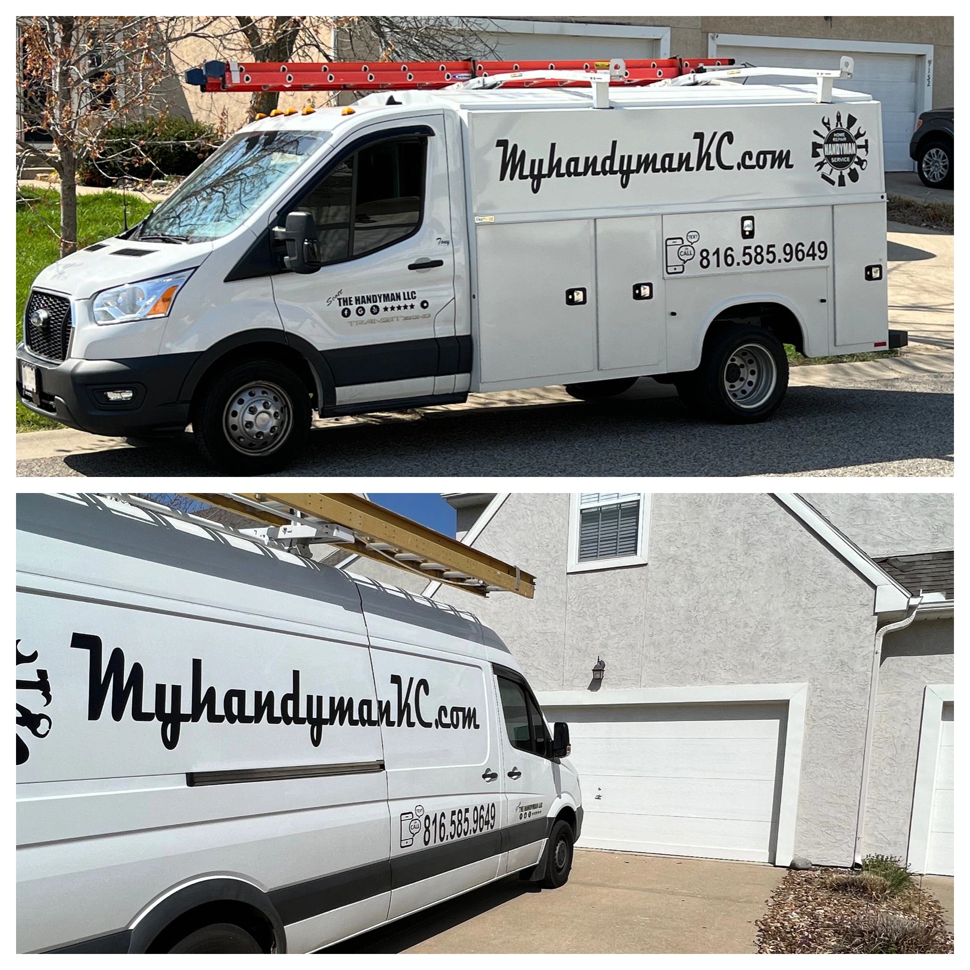 Two handyman service vans parked in residential driveways with ladders on top.