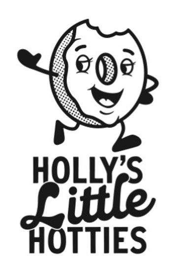 Cartoon cookie mascot with text "Holly's Little Hotties."