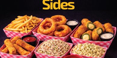 Assorted fried sides including fries, onion rings, jalapeño poppers, mozzarella sticks, and two types of salads.