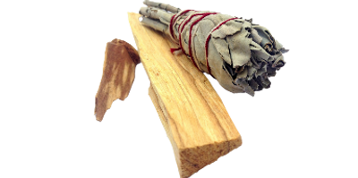 Picture of spiritual cleansing tools. sage palo santo