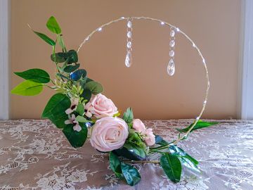 12" gold hoop floral centerpieces with diamonds and farylights.babshower centerpieces. bridal shower