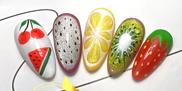 nail art showing a different fruit on each nail