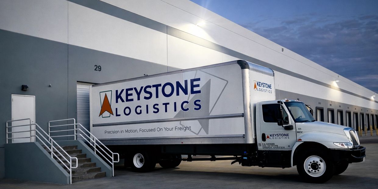 Keystone Logistics delivery truck parked at a warehouse loading dock.