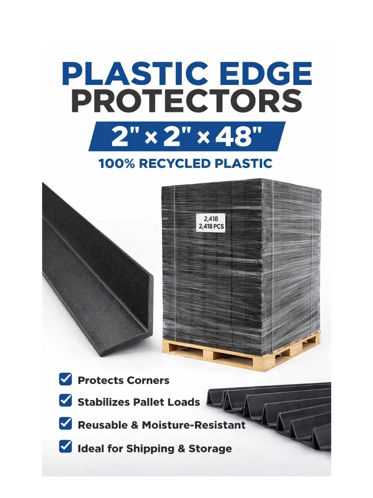 Black recycled HDPE plastic pallet corner protectors 2x2x48 inches. 25% discount on skid purchases