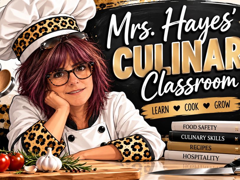 Mrs. Hayes in a culinary classroom with cooking ingredients and books.