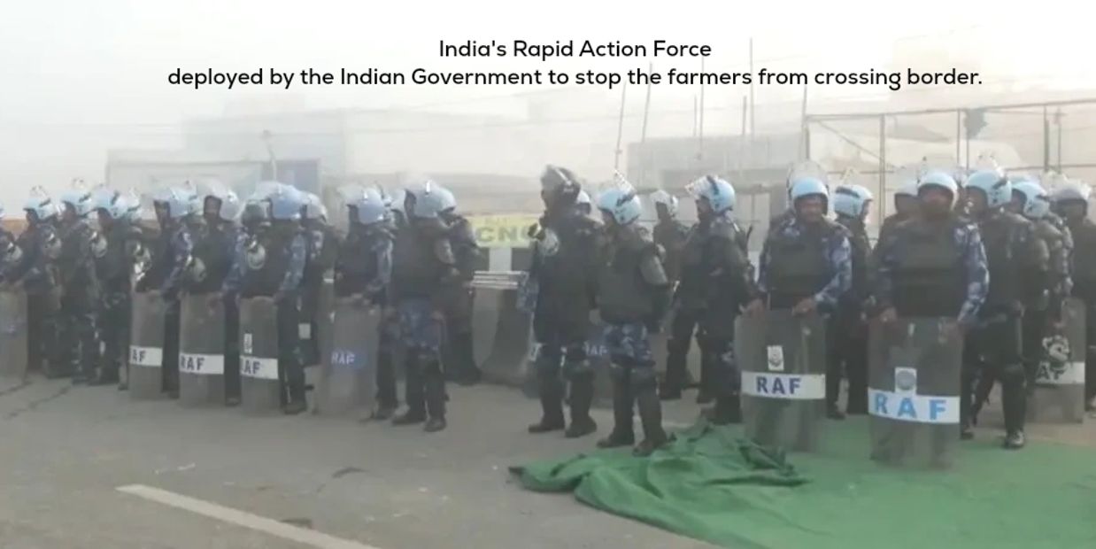 India's Rapid Action Force, deployed by the Indian Government to stop the farmers from crossing bord