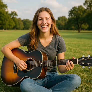 Senior girl playing guitar during lifestyle portrait session in Austin