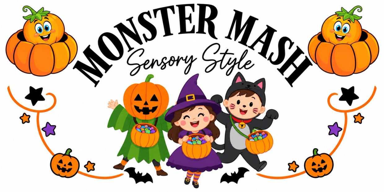 Children in Halloween costumes with pumpkin baskets and bats.