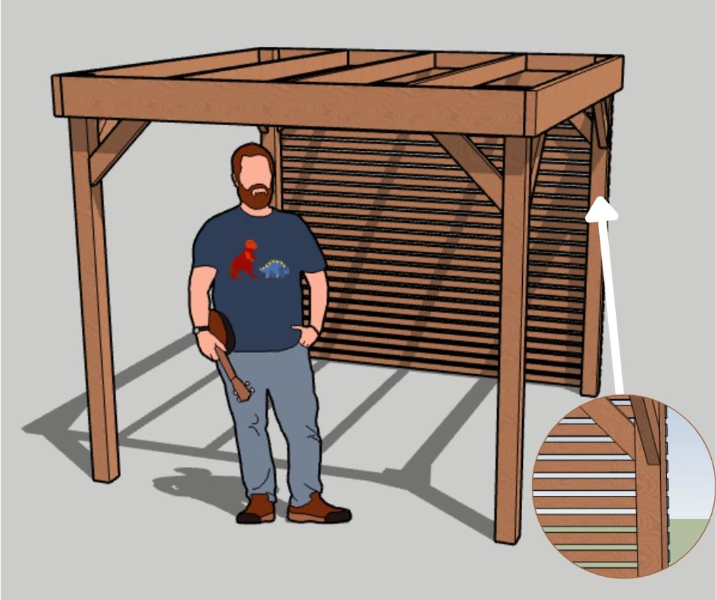 A man stands under a wooden pergola holding a guitar-like instrument.