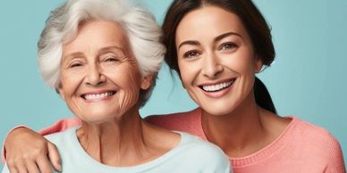 A young woman and an older lady for whom she care indicating care at home by PAs