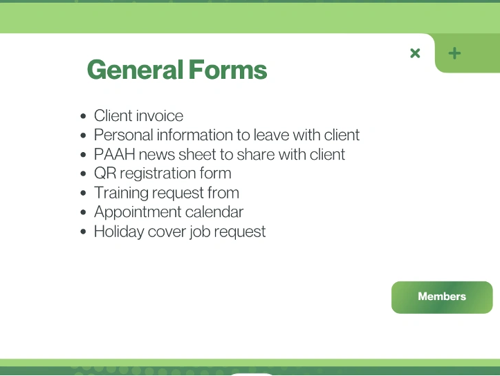 A list of general forms available to PAs