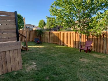 A backyard with wooden fence, two chairs, and a tree under clear sky.