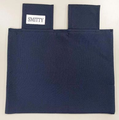 Navy blue fabric pouch with two compartments, one labeled 'SMITTY'.