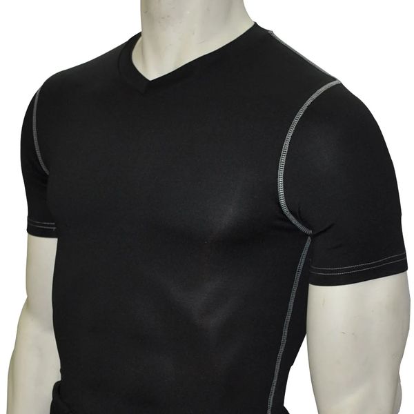 Black V-neck T-shirt with gray stitching on mannequin.