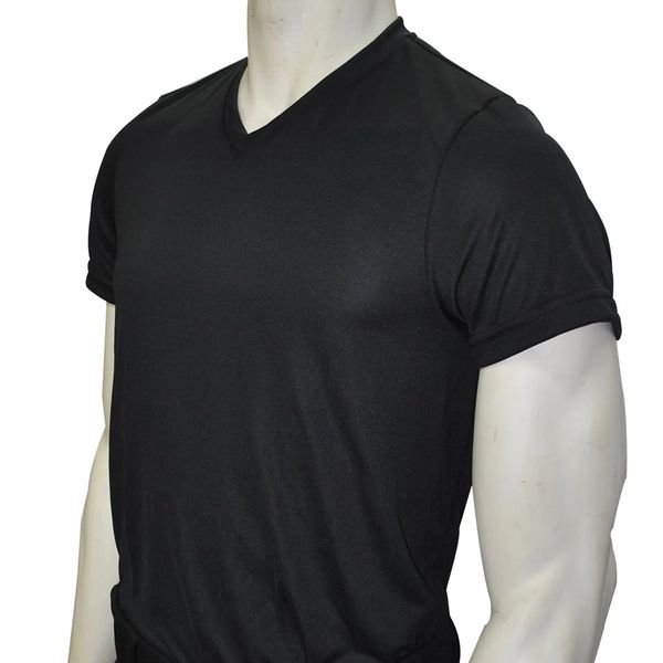 Black V-neck T-shirt on a mannequin.