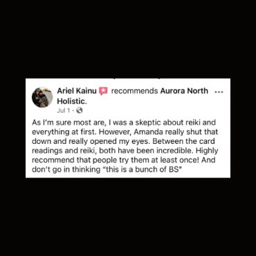 Customer review praising Aurora North Holistic for effective reiki and card readings.