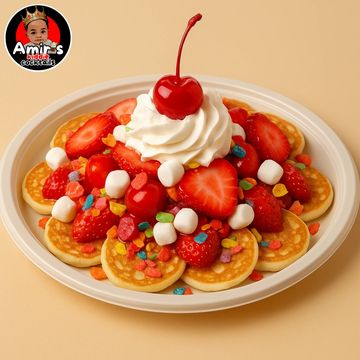 Mini pancakes topped with strawberries, cherries, marshmallows, whipped cream, and colorful cereal.