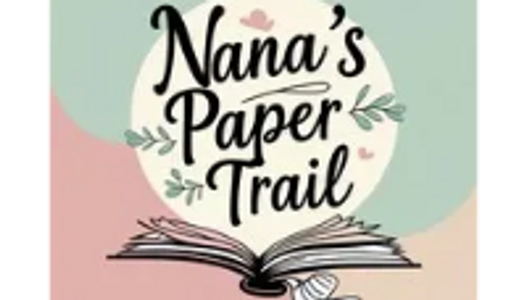 Logo of Nana's Paper Trail featuring an open book and floral design.