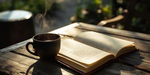 A steaming cup and an open book on a sunlit wooden table.