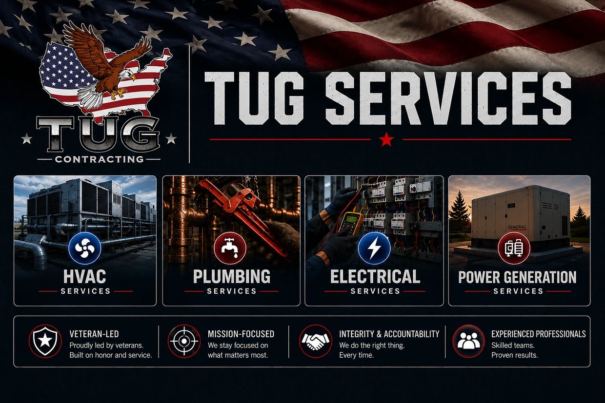 TUG Contracting offers HVAC, plumbing, electrical, and power generation services with veteran-led integrity.