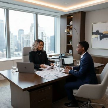 Two professionals discussing financial reports in a bright office with city views.